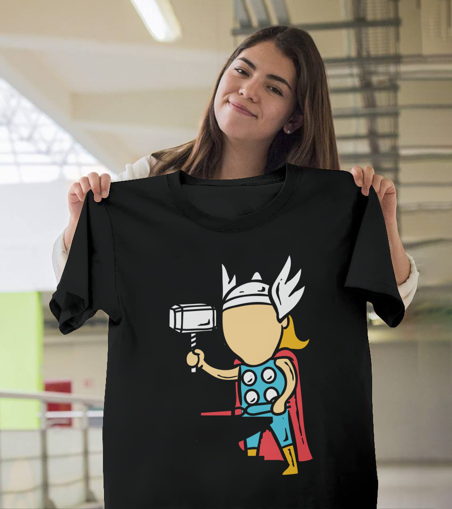 Blacksmith Thor Cartoon Hammer Wings Red Cape Blue Suit Anvil T-Shirt