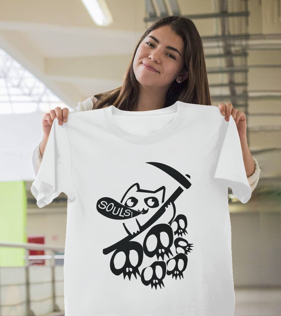 Cat Got Your Souls Iconic Grim Feline Holding Scythe with Skulls T-Shirt