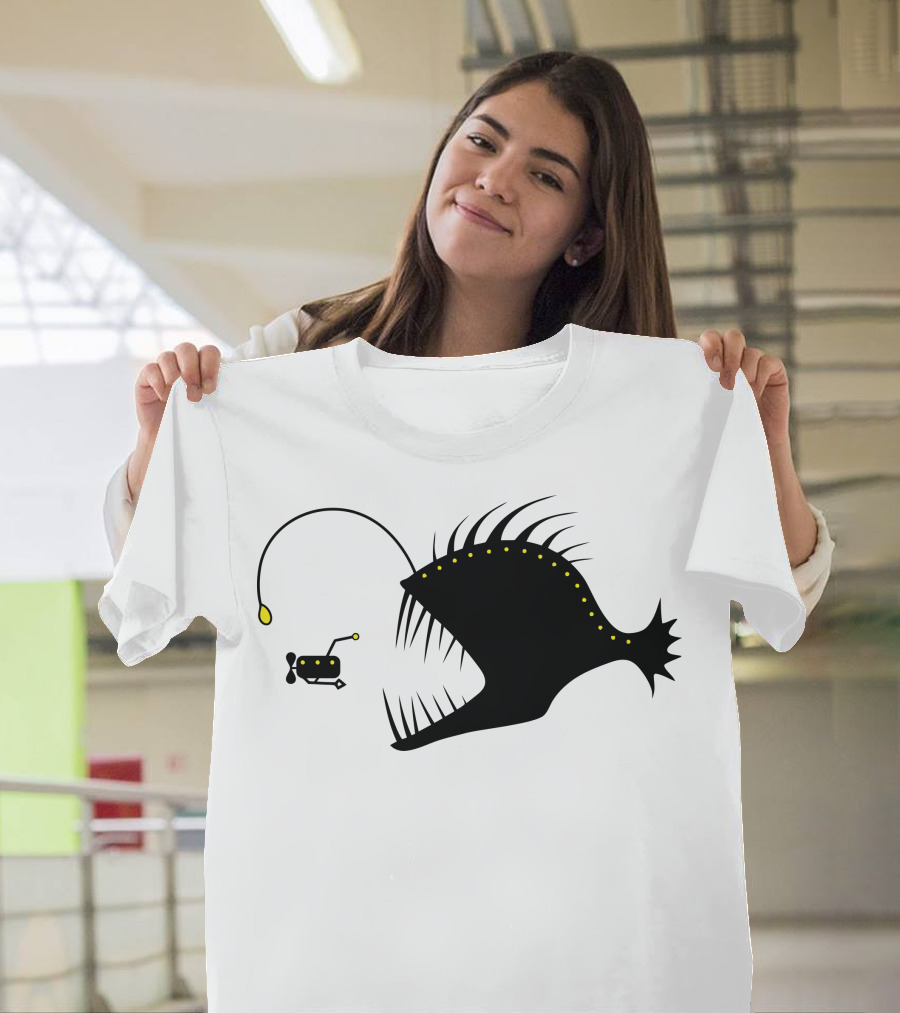 Deep Sea Exploration with Anglerfish and Submarine Encounter T-Shirt