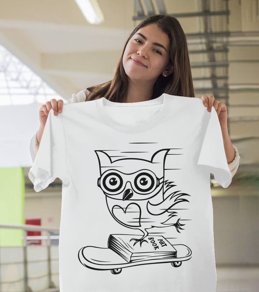 Owl Riding Art Book Skateboard T-Shirt