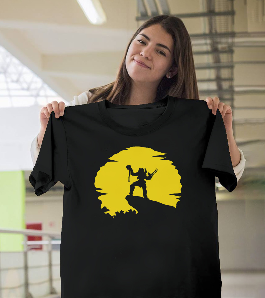 Predator Silhouette Warrior Holding Skull Against Yellow Moon Backdrop T-Shirt