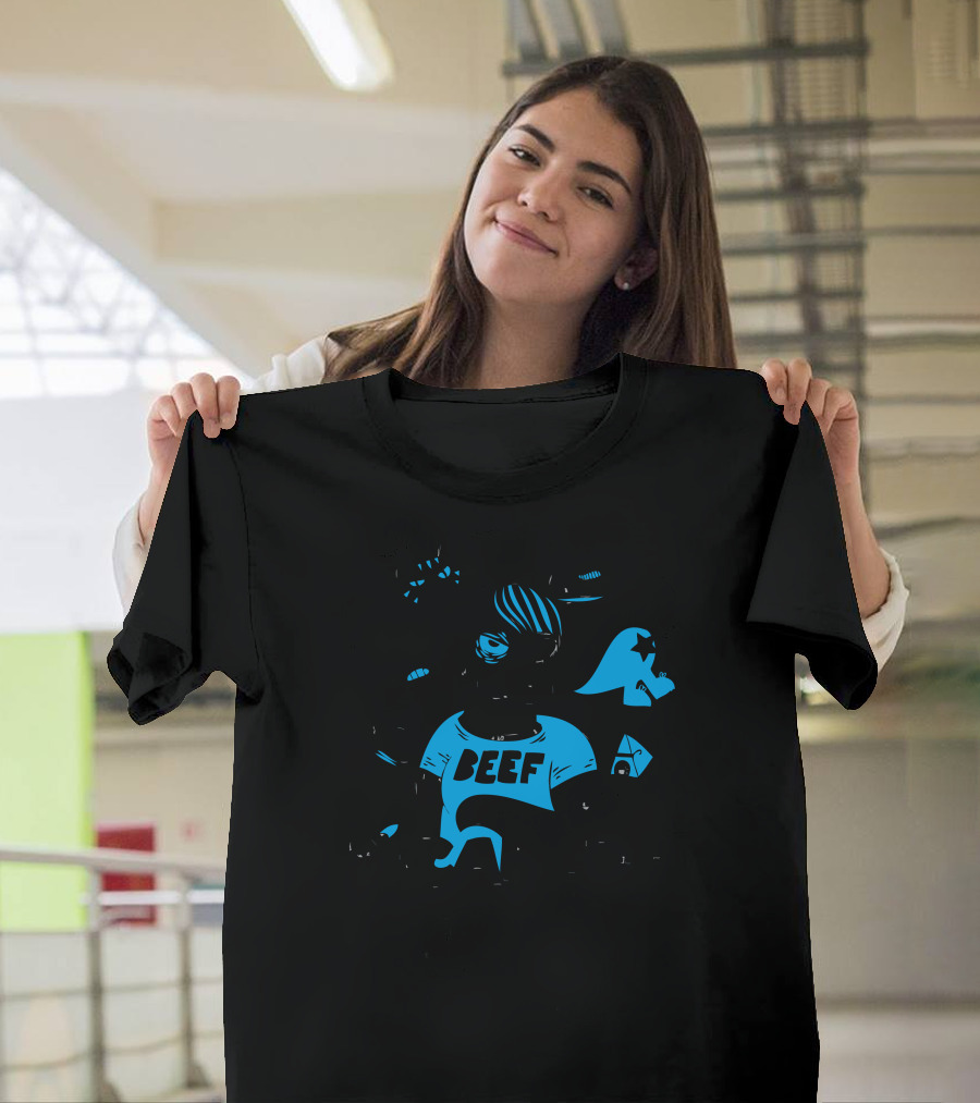 BEEF CAKE Man Cartoon Characters Blue Black T-Shirt