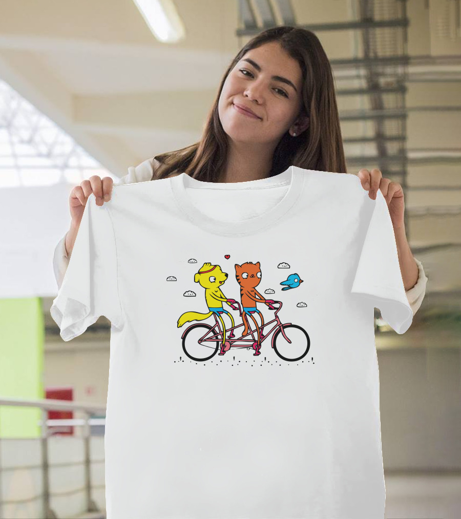 Cat And Dog Tandem Bike Adventure With Bluebird And Hearts T-Shirt