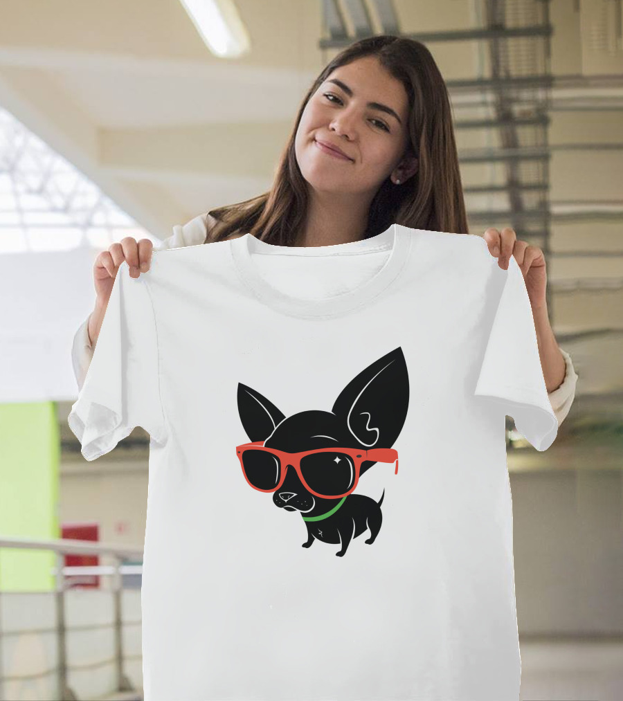 Julio the Chihuahua in Red Sunglasses and Neon Collar T-Shirt