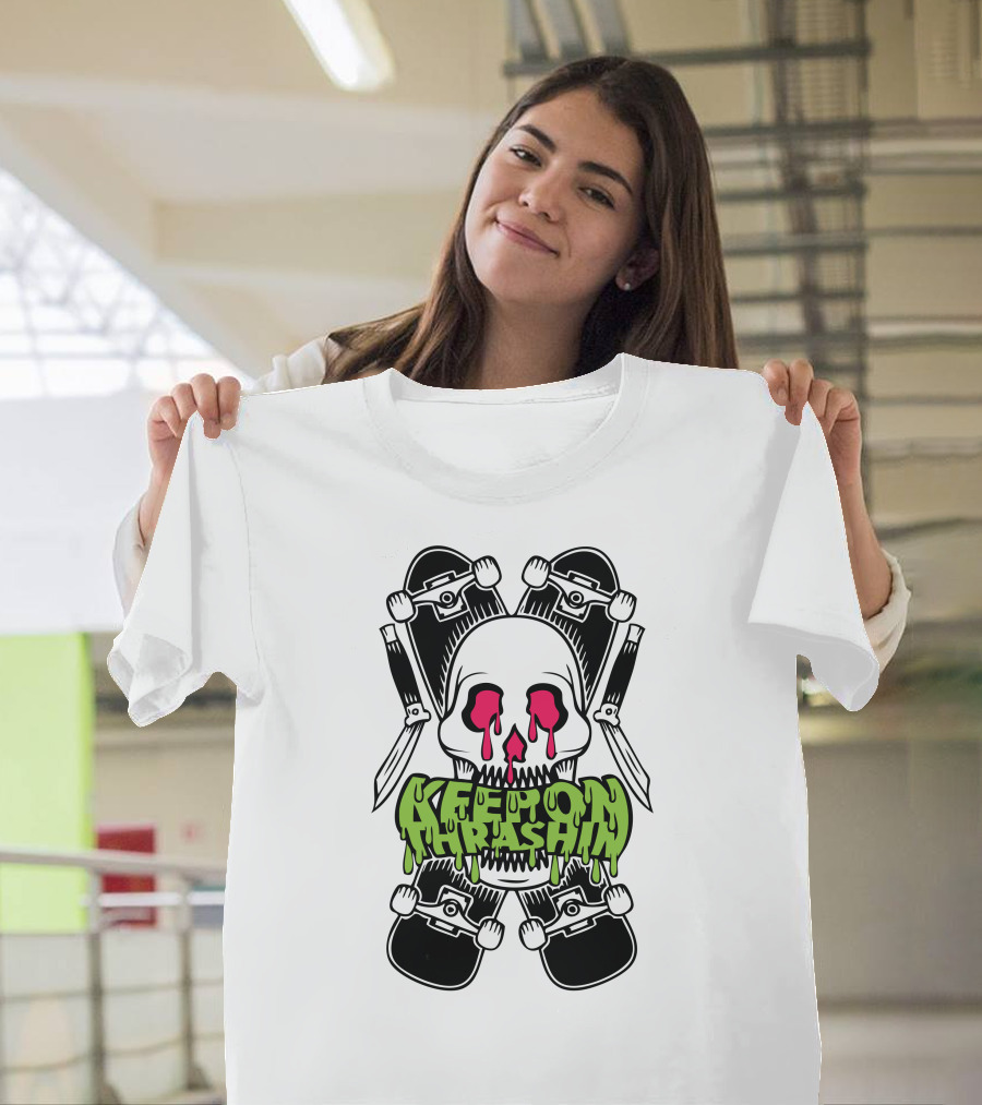 Keep On Thrashin Melting Skull Skateboards and Wrenches T-Shirt