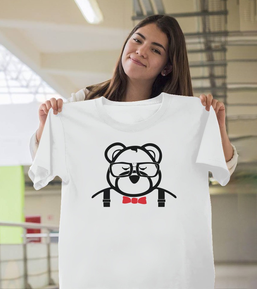 Nerd Bear Glasses Red Bow Tie Suspender T-Shirt