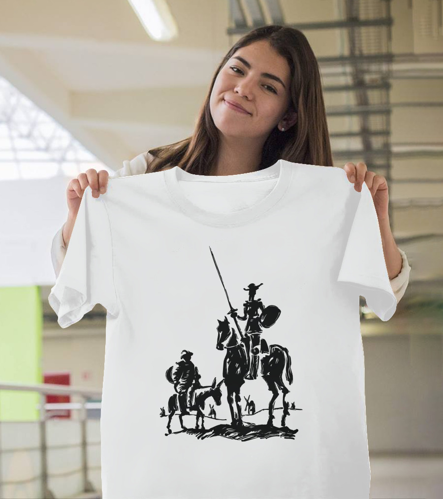 Quixote Don Quixote and Sancho Panza on Horseback with Windmills in Background T-Shirt