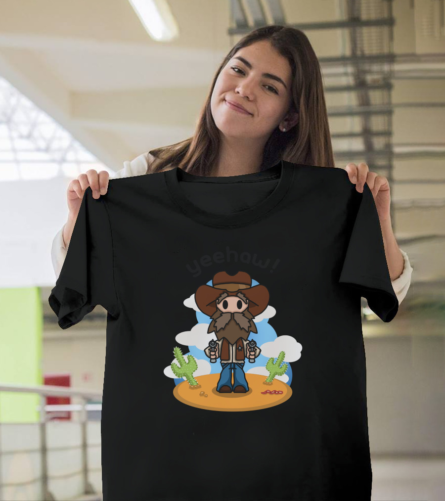 Yeehaw Cowboy with Guns and Cactus in Desert Scene T-Shirt