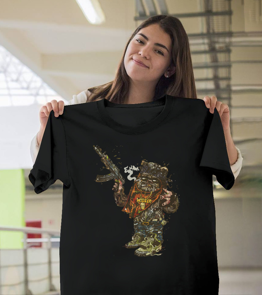 Wicket Ewok Smoking Gangster Style with Gun and Bandana 'Wicked' T-Shirt