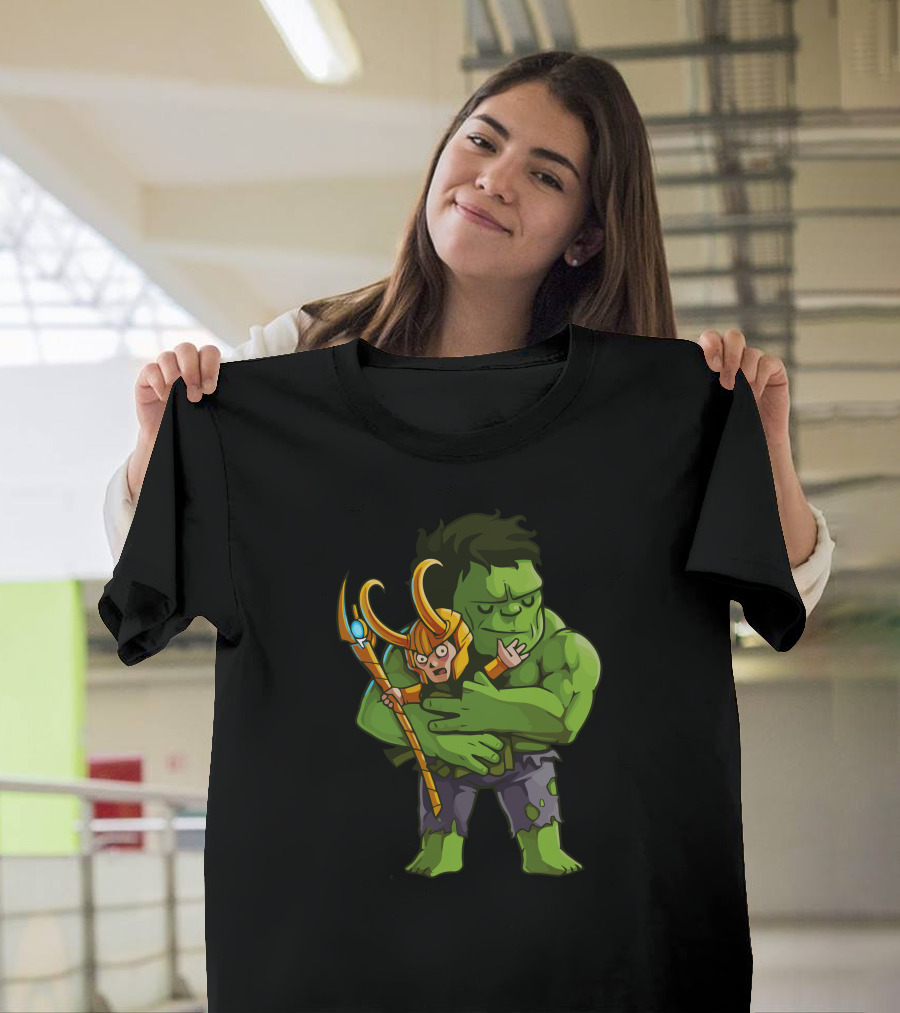 Loki Needs Love Hulk Hugging Loki Scepter T-Shirt