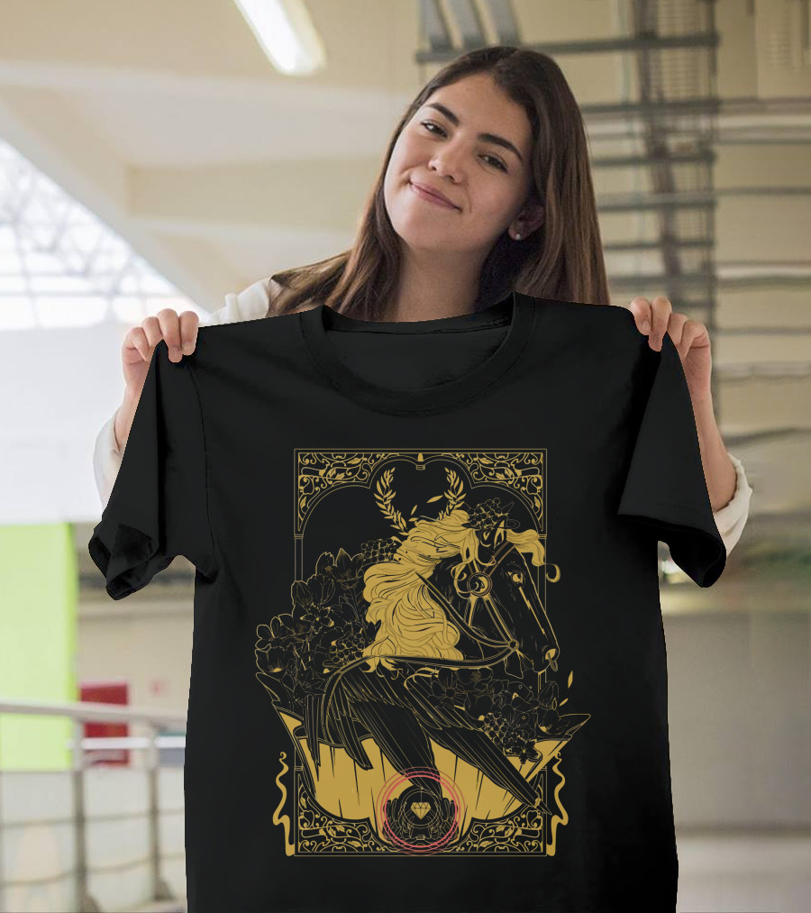 Pegasvs Mythical Steed with Floral Accents and Art Nouveau Elements T-Shirt