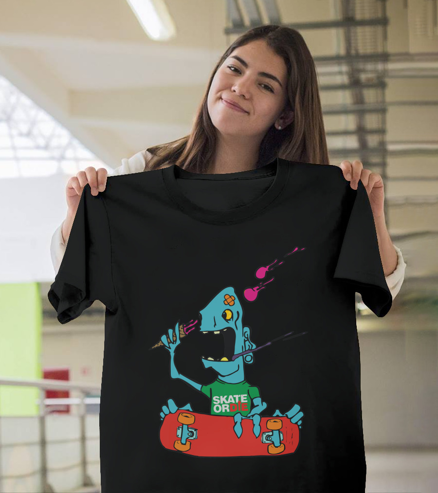 Skate Or Die Cartoon Ice Cream Monster with Red Skateboard T-Shirt
