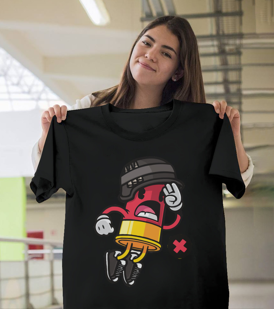 Bullet Time Cartoon Bullet Wearing Helmet and Sneakers with X T-Shirt