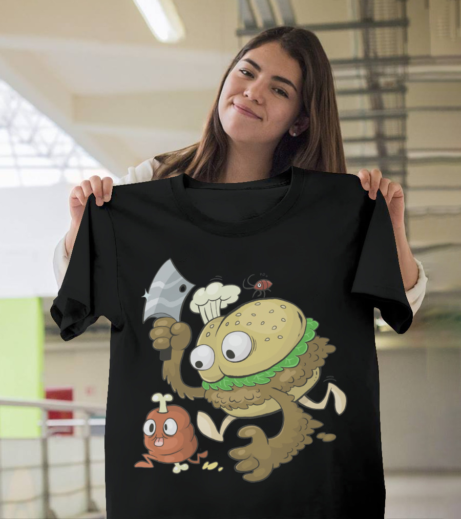Cahtch A Meat Burger Monster Chef with Cleaver Chasing Chicken Nugget T-Shirt