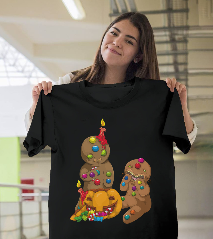 Candy Pumpkin Gingerbread Men with Candies and Jack-O'-Lantern T-Shirt