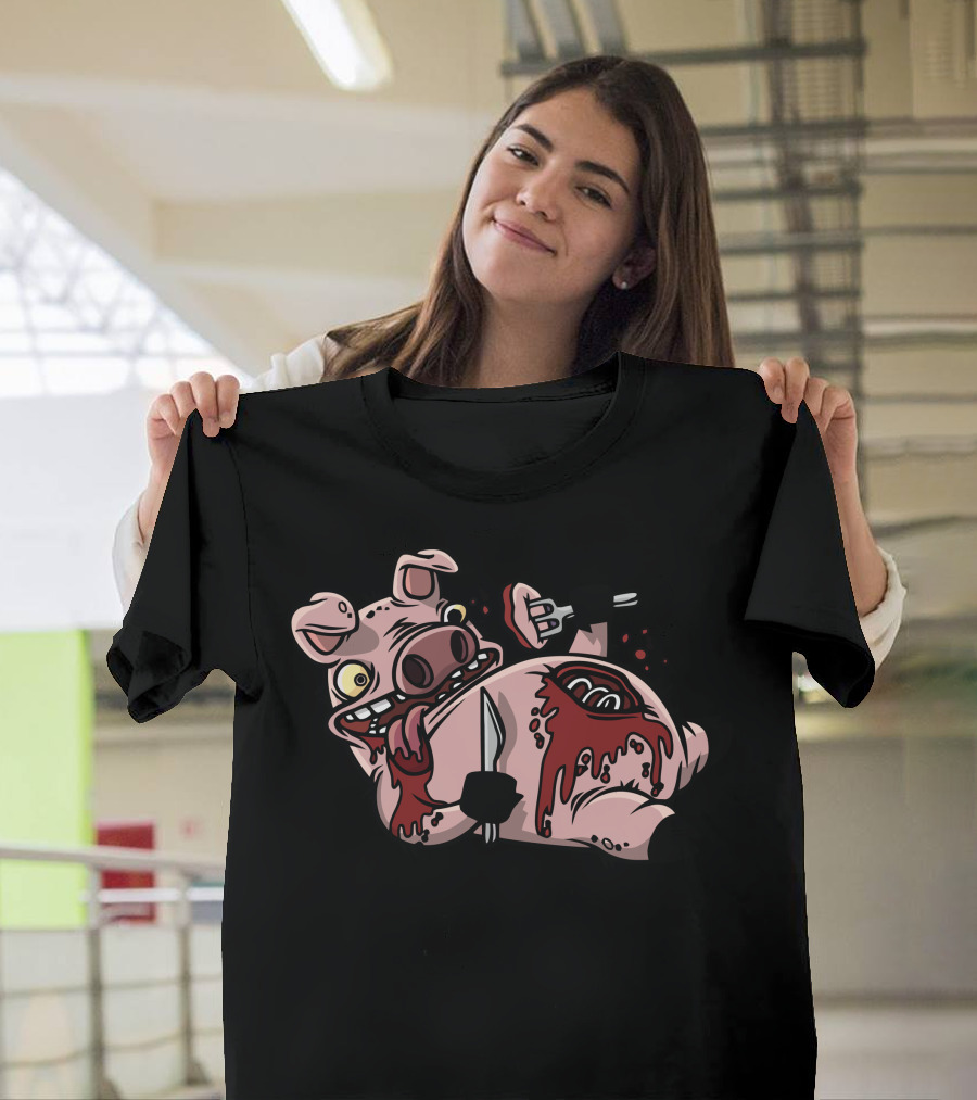Cannibalistic Piggy Holding Knife and Fork with Blood and Bones T-Shirt