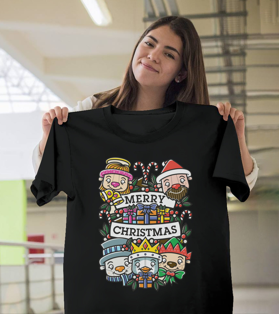 Merry Christmas Festive Characters with Candy Canes and Gifts T-Shirt