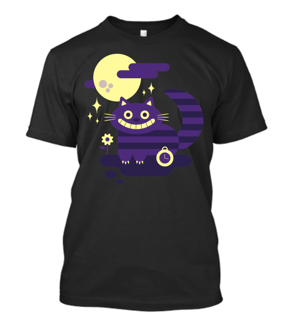 Cheshire Cat Grinning Under Full Moon With Clock And Stripe T-Shirt