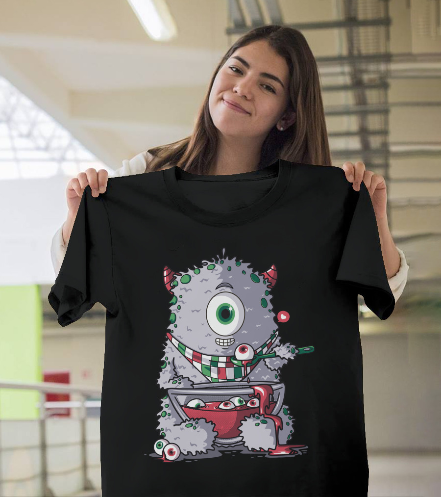 Cyclops Monster Enjoys Eyeball Soup with Spoon and Bowl of Eyeballs T-Shirt