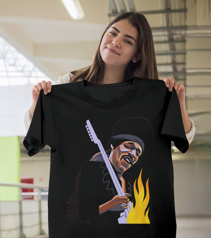 Jimi Hendrix Playing Guitar with Flames T-Shirt
