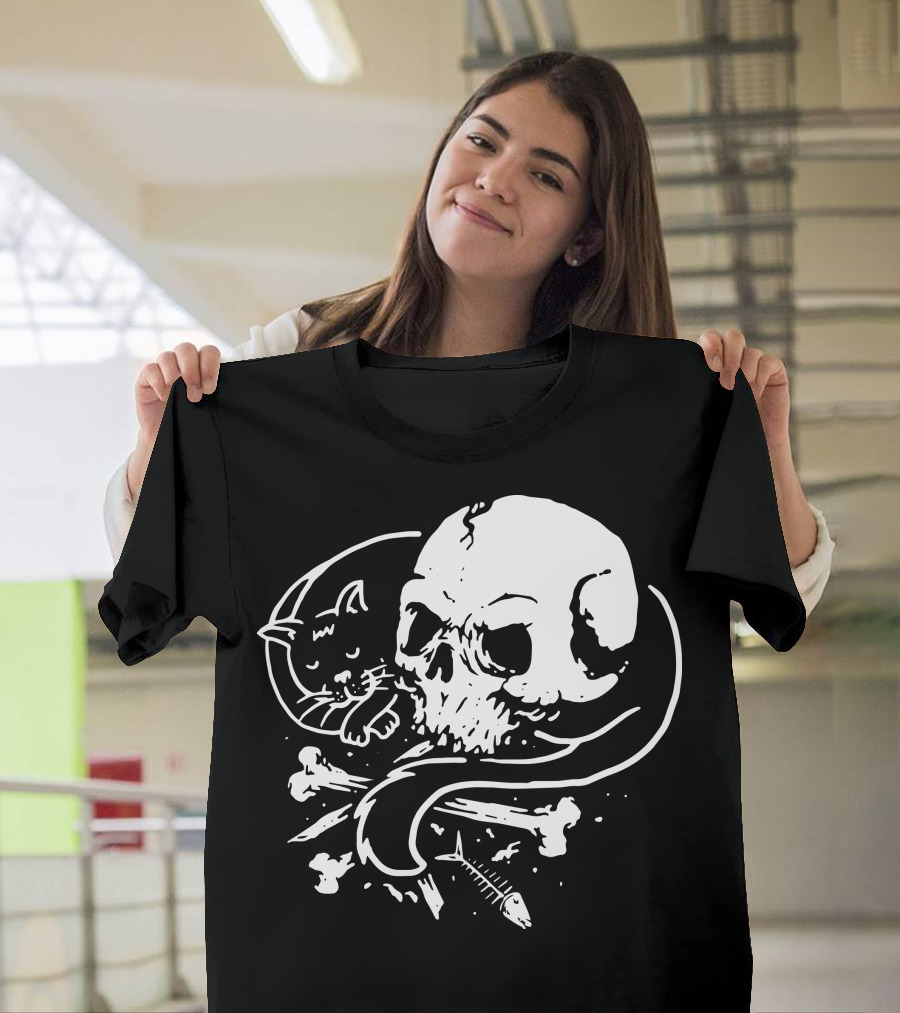 Dark Cat Skull Bones Fish T-Shirt
