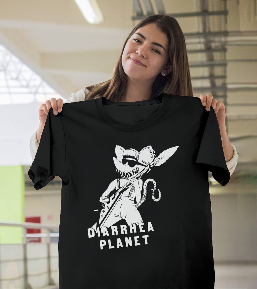Diarrhea Planet Cartoon Rock Rat Character with Electric Guitar T-Shirt
