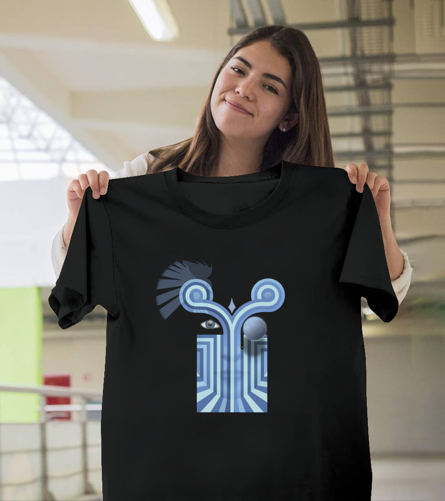 Chameleons Vox Optical Illusion Face with Eyes and Blue Abstract T-Shirt