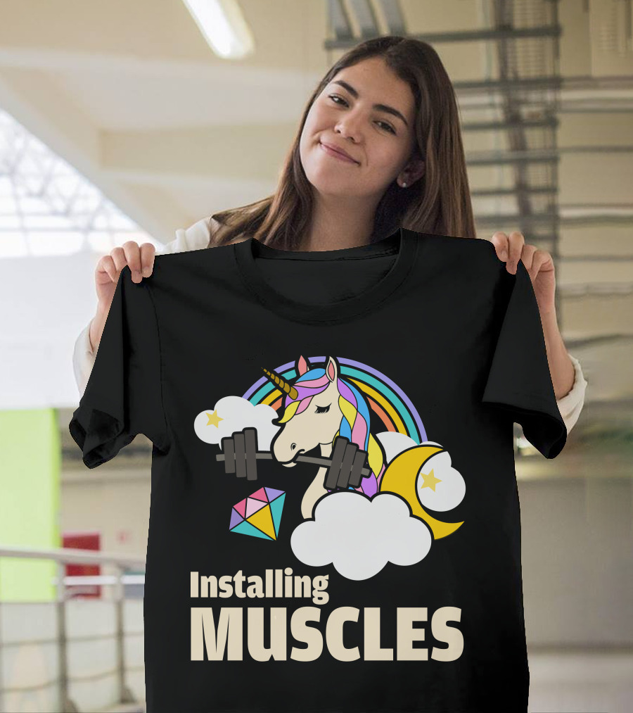 Installing Muscles Unicorn Rainbow Clouds Moon Stars T-Shirt