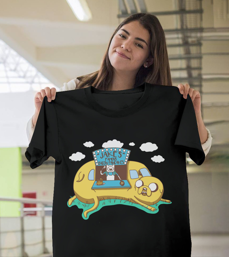 Jakes Famous Bacon Pancakes Cartoon Dog and Pancake Stand with Clouds and Classic Comic T-Shirt