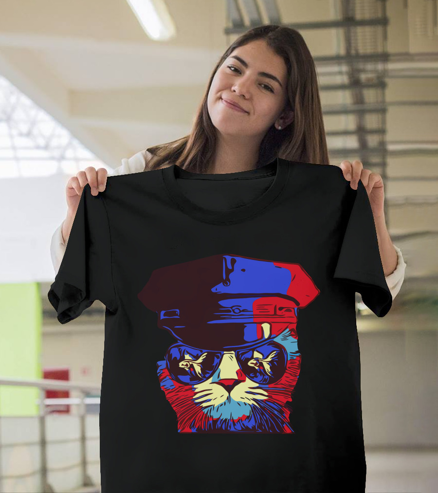 Police Cat Hat Cat in Sunglasses Psychedelic T-Shirt