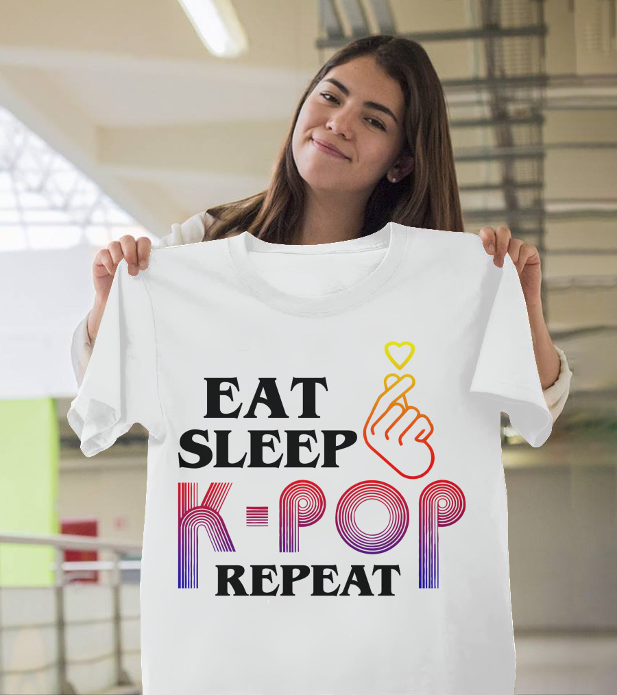 Eat Sleep K-Pop Repeat Finger Heart Gesture T-Shirt