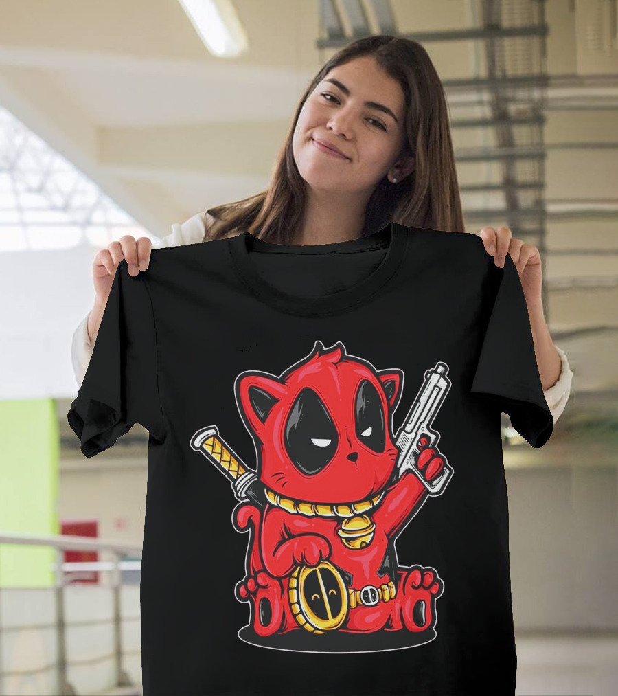 Kittypool Deadpool Cat Mashup with Gun and Sword T-Shirt