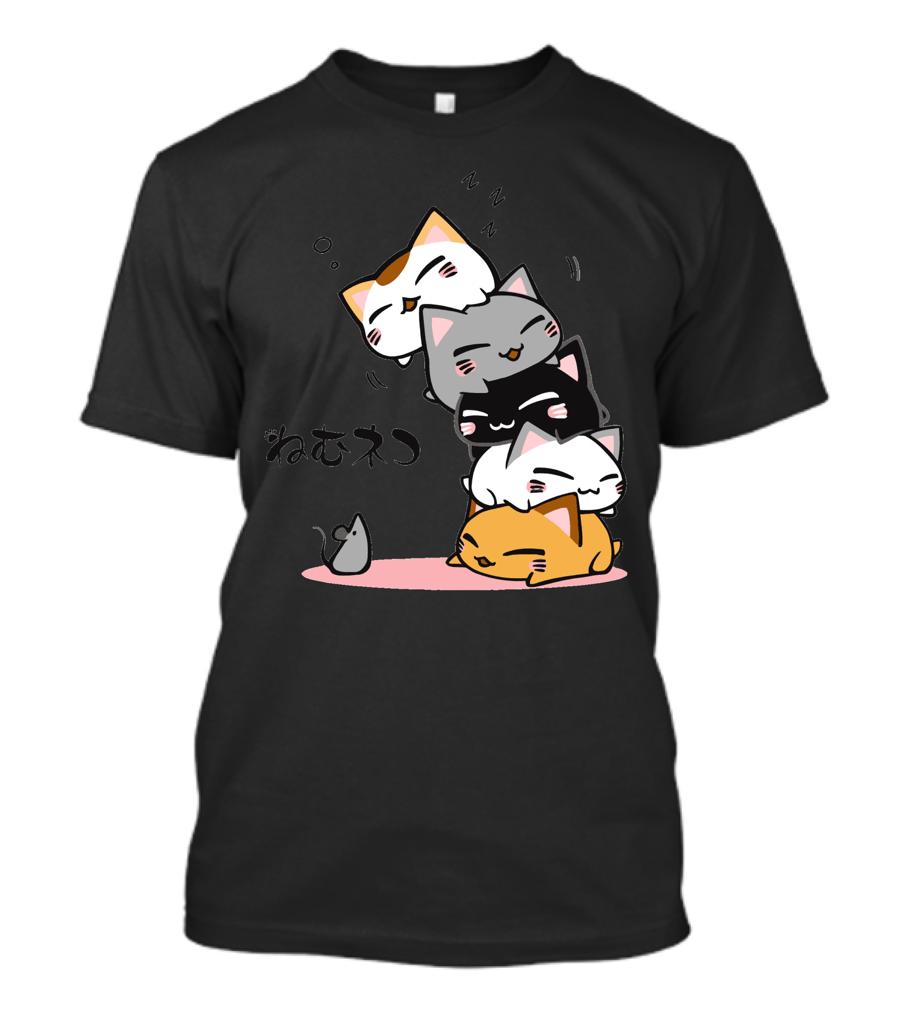 Cute Sleeping Cats Stack With Mouse And Japanese Zzz T-Shirt