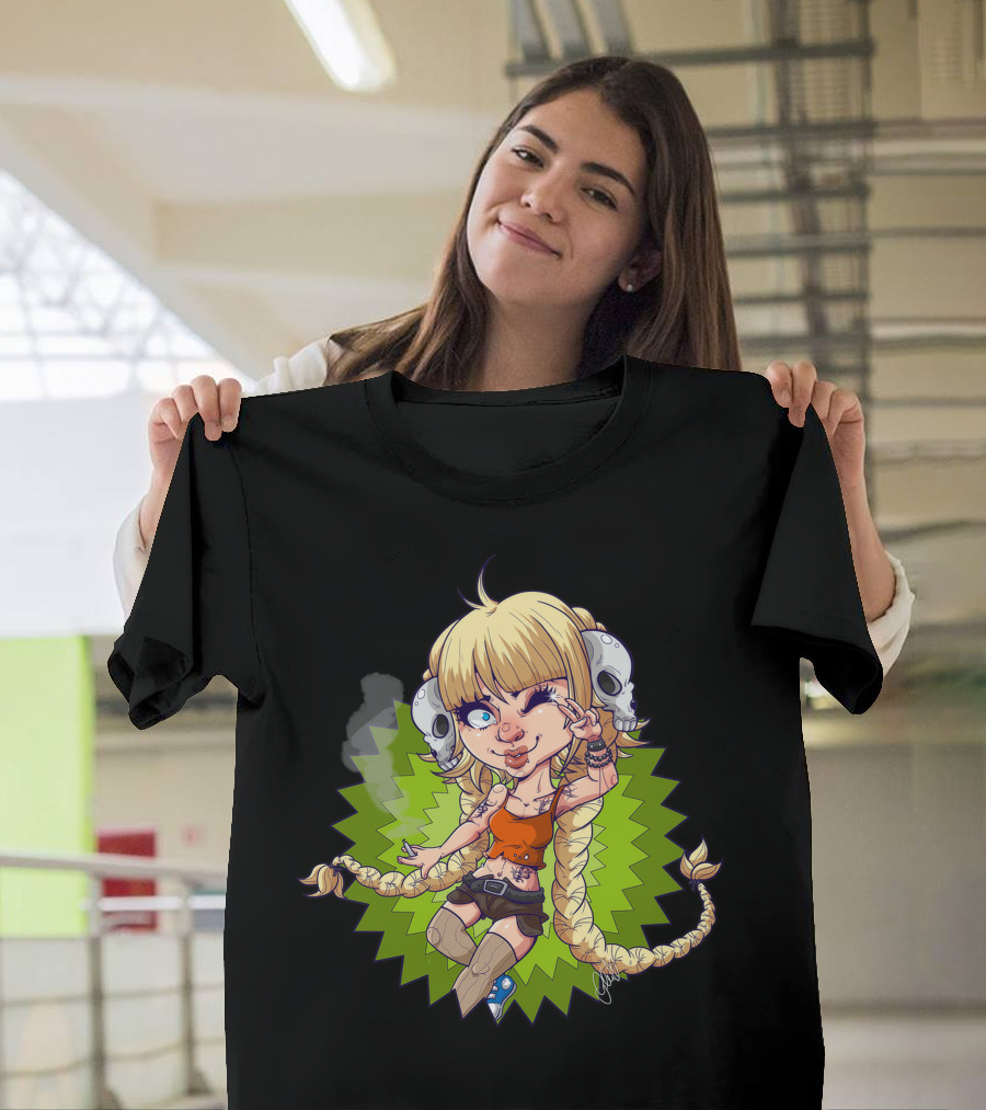 Br0flst Freebie New Cartoon Character with Long Braids and Skull Headphones T-Shirt