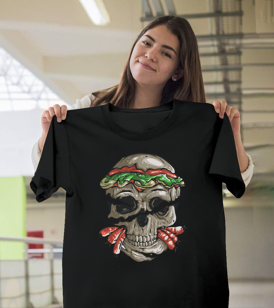 Burger Skull with Lettuce and Tomato Eyebrows and French Fries in Mouth T-Shirt