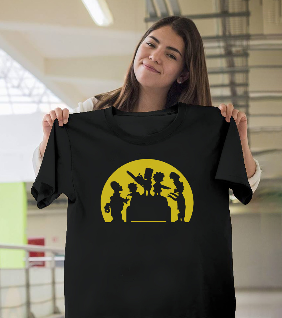 Doh Zombies Bart Chainsaw Silhouette Against Yellow Circle T-Shirt