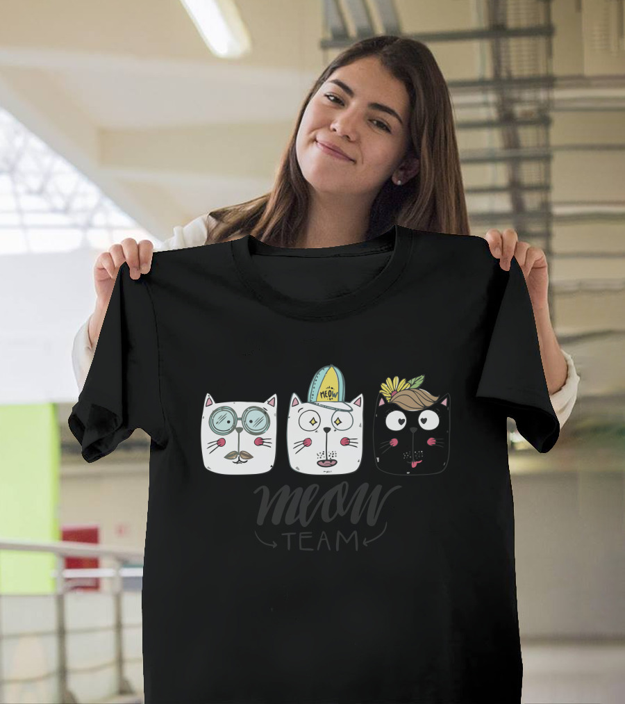 Meow Team Quirky Cat Faces with Sunglasses Hats and Flowers T-Shirt
