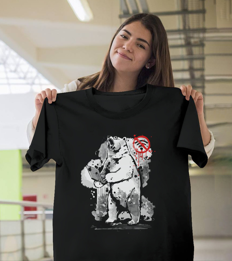 No Internet Connection Angry Bear Roaring With Laptop And Red Signal T-Shirt