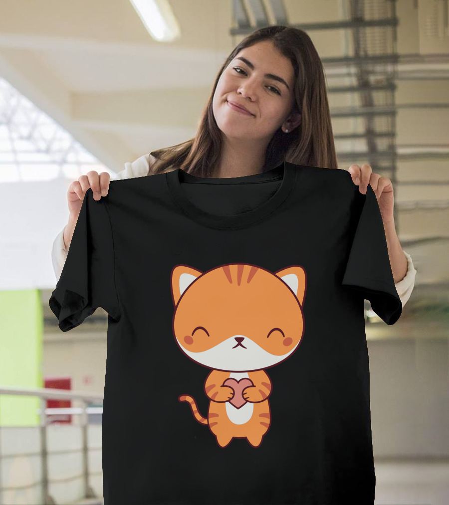 Orange Kawaii Cute Kitten Cat Holding Heart T-Shirt
