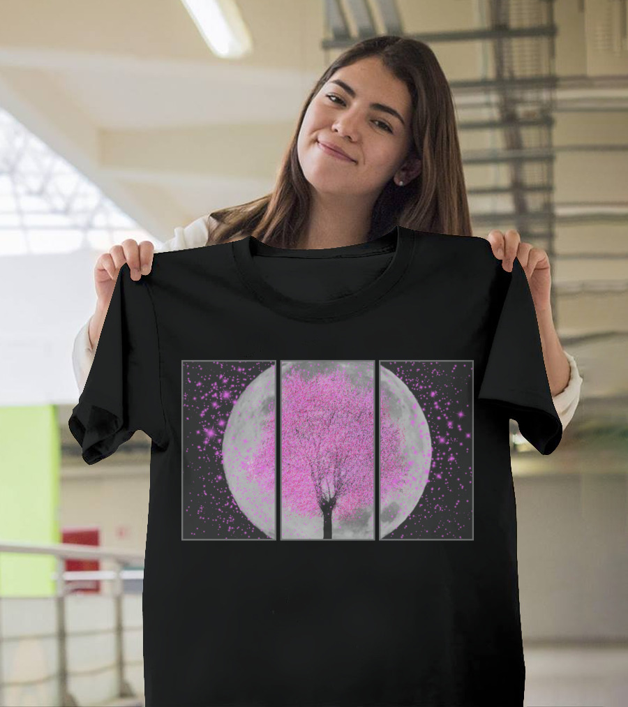 Sakura No Tsuki Pink Cherry Blossom Tree with Full Moon and Stars T-Shirt