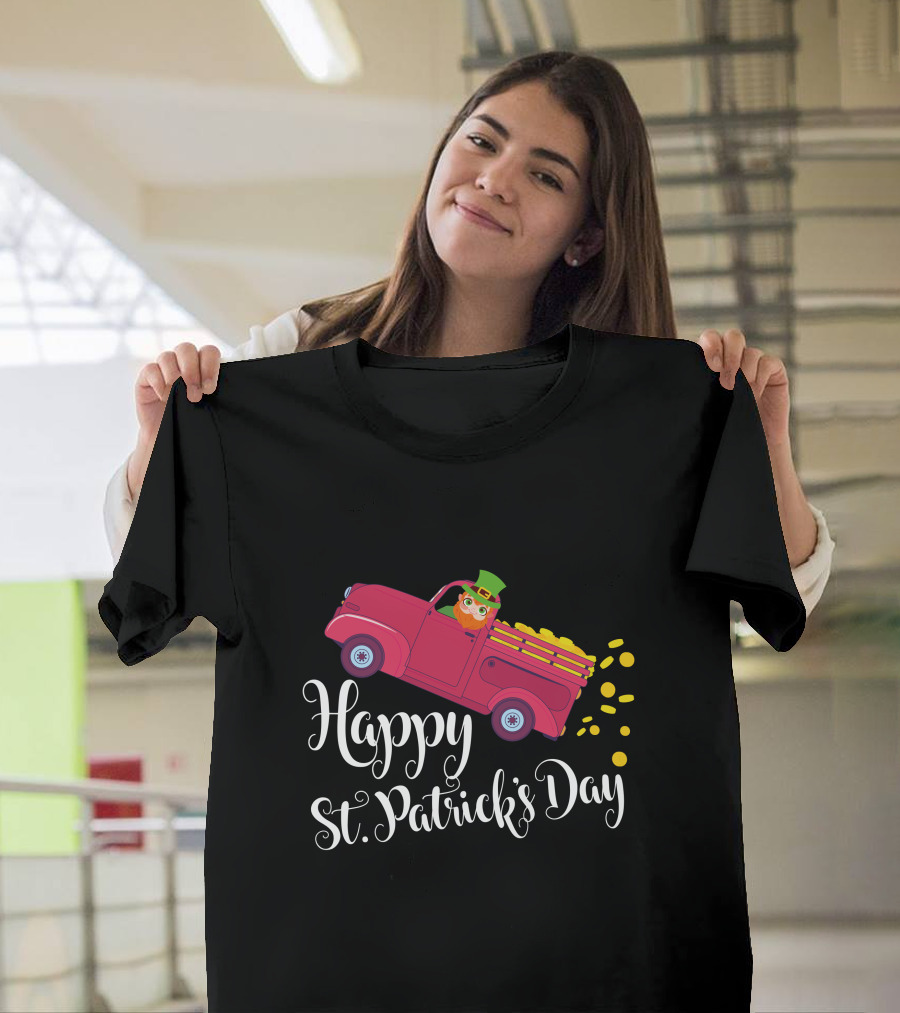Happy St. Patrick's Day Vintage Red Truck with Leprechaun and Gold T-Shirt