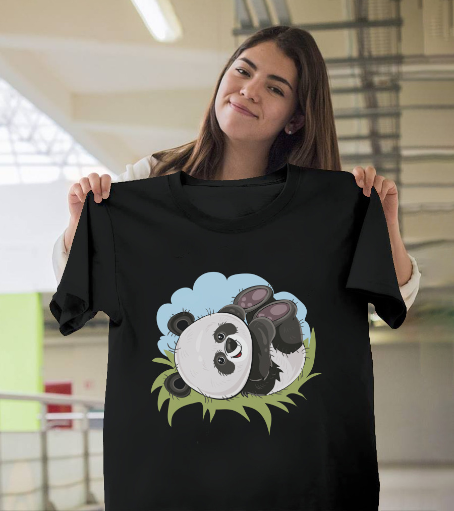 Cool Panda Rolling in Grass Under Blue Sky T-Shirt