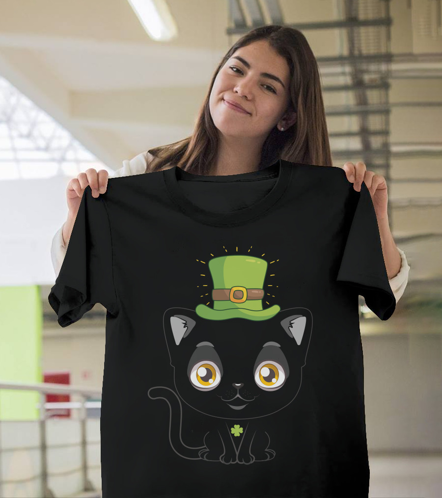 Saint Patrick's Day Cat with Green Hat and Shamrock T-Shirt