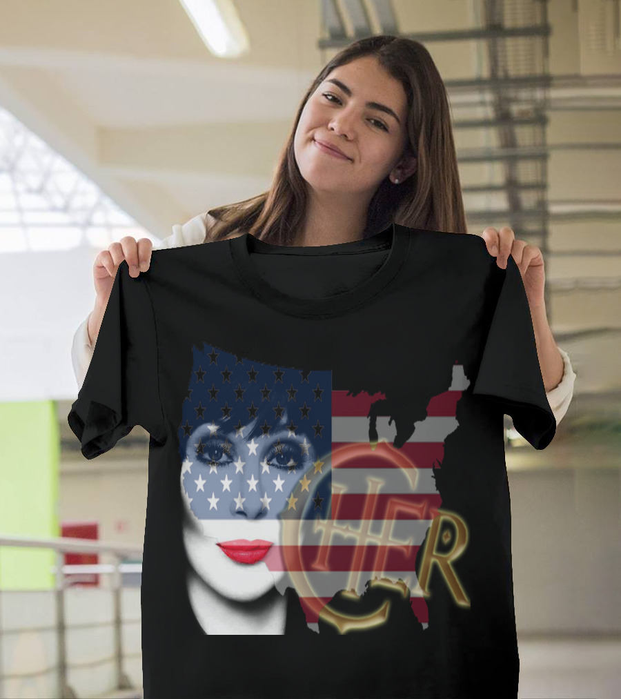 Cher American Flag Face with Map and Bold Name T-Shirt