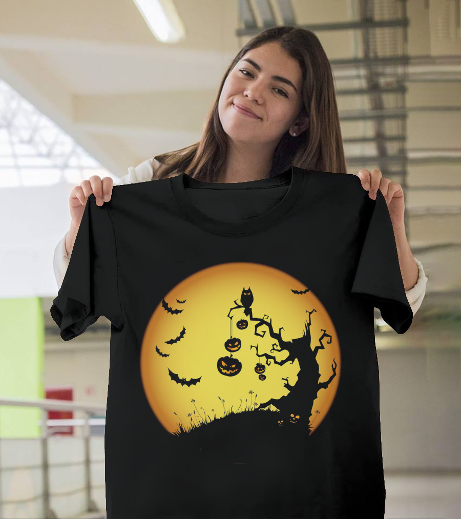 Halloween Moon Tree with Pumpkins and Bats T-Shirt