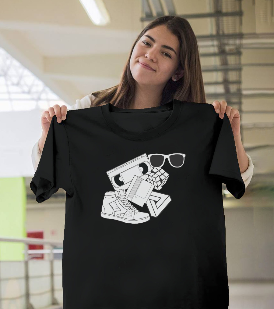 Born In The 80s Nostalgia Cassette Rubik's Cube Retro Style Sneaker Sunglasses T-Shirt