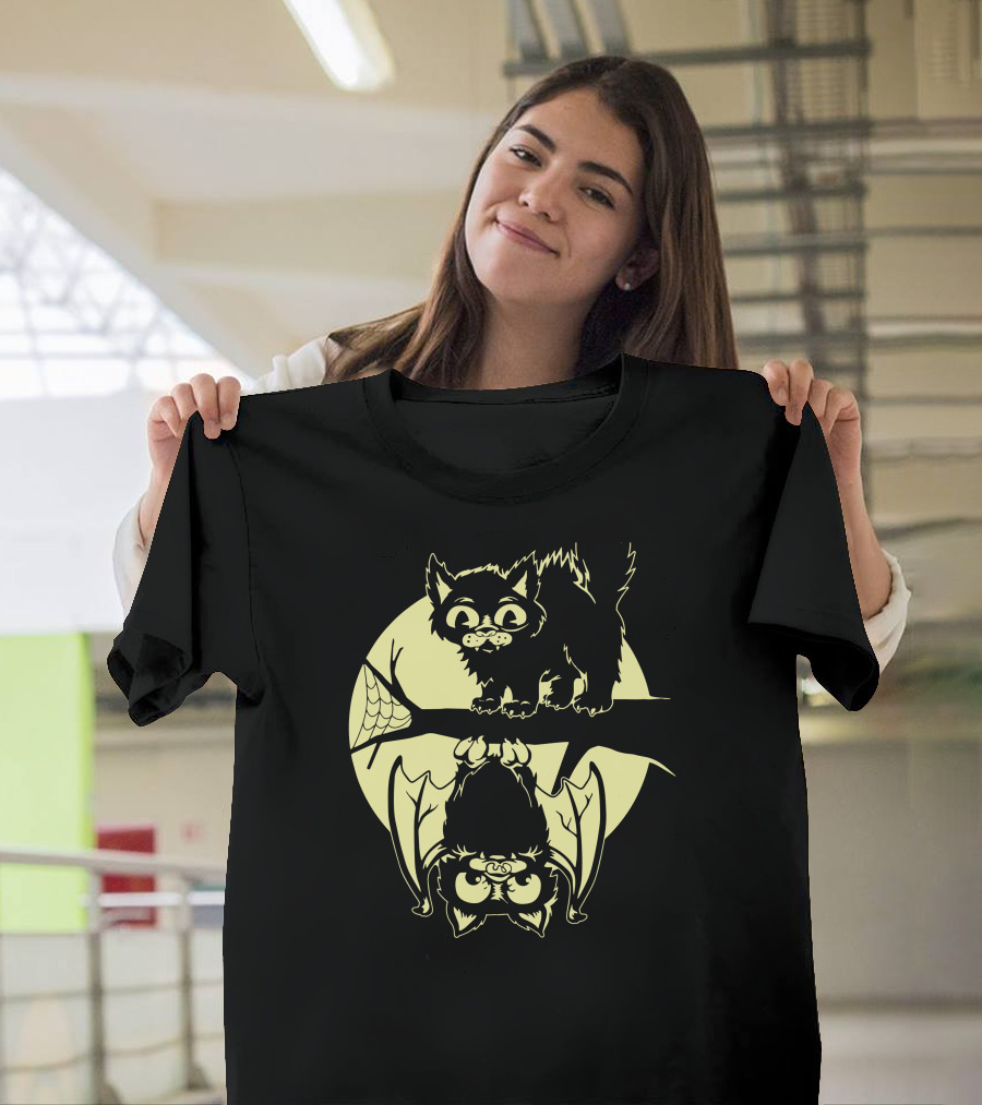Cat And Bat Moonlit Night Scene T-Shirt