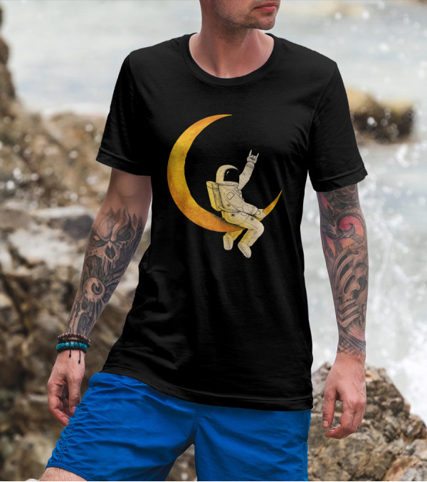 Astronaut Sitting On Crescent Moon With Rock Hand Gesture T-Shirt