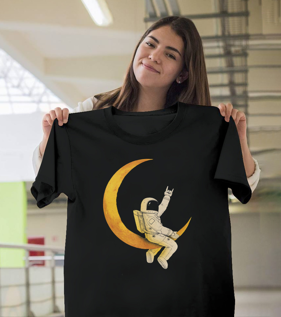 Astronaut Sitting on Crescent Moon with Rock Hand Gesture T-Shirt