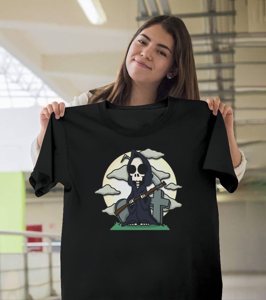 Alone Lil Reaper Cemetery Skull Moon Scene T-Shirt